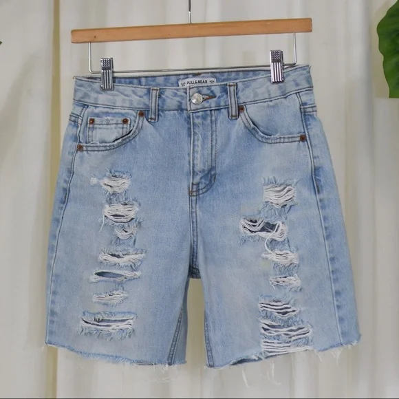 PULL & BEAR Distressed Bermuda Denim Shorts - Picture 2 of 5